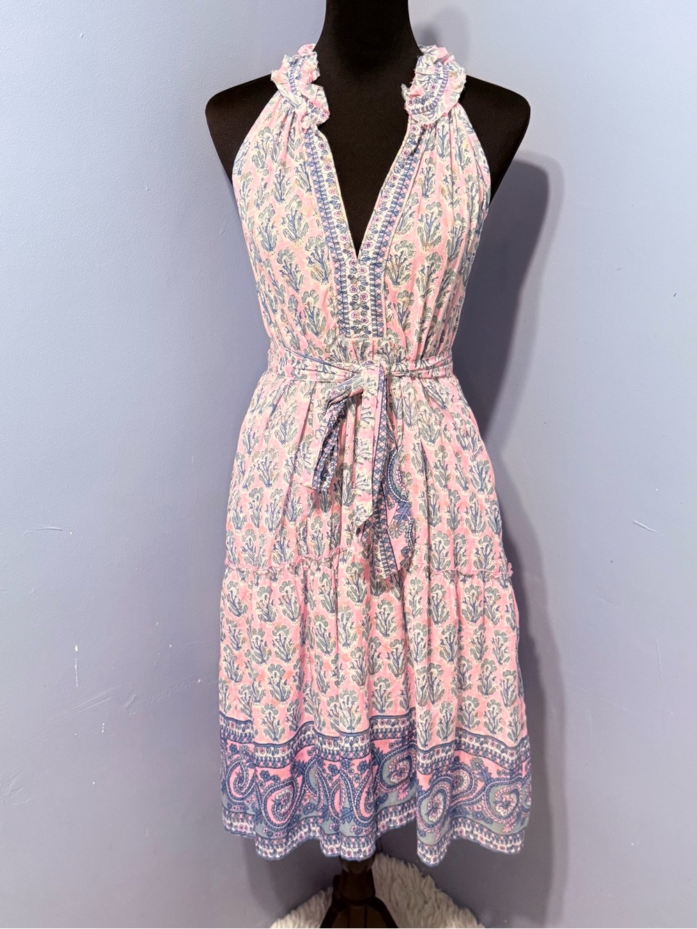 Lola Australia Pink and Blue Floral Paisley Midi Dress Women’s Size Small